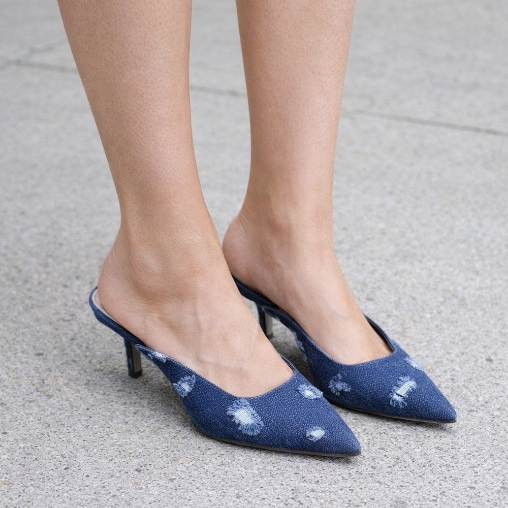 Shoe Dazzle Blue Distressed Denim Mules